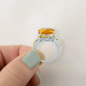 9.79 Carat Genuine Cushion Checkerboard Citrine Gemstone Ring in 14K White Gold