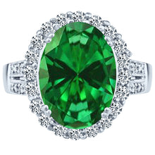 Load image into Gallery viewer, 10x14 oval created emerald gemstone birthstone diamond halo ring 14K white gold