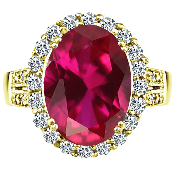 10x14 oval created ruby gemstone birthstone diamond halo ring 14K yellow gold