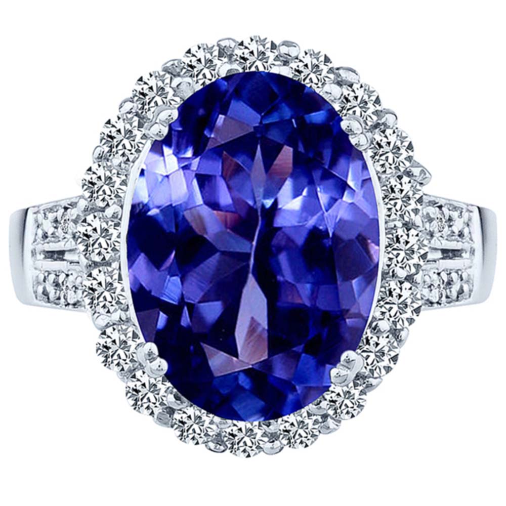 10x14 oval tanzanite big gemstone diamond halo ring 14K white gold