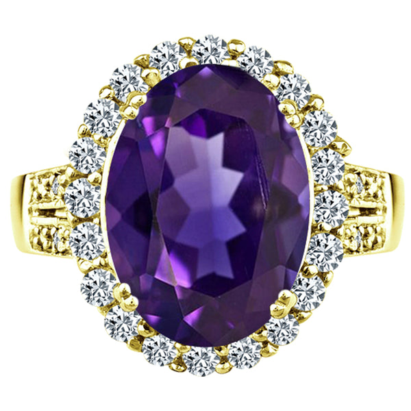 10x14 oval cut amethyst February birthstone diamond halo ring 14K yellow gold