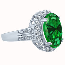 Load image into Gallery viewer, 10x14 oval created emerald gemstone birthstone diamond halo ring 14K white gold