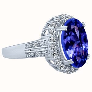 10x14 oval tanzanite big gemstone diamond halo ring 14K white gold