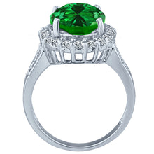 Load image into Gallery viewer, 10x14 oval created emerald gemstone birthstone diamond halo ring 14K white gold