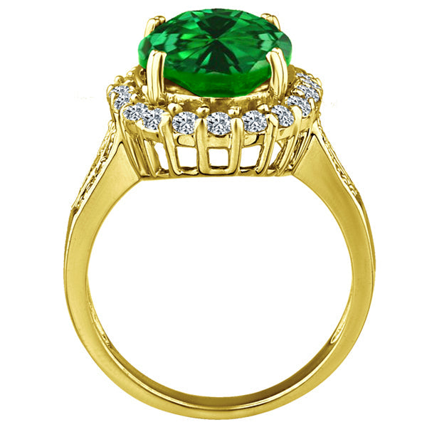 10x14 oval created emerald gemstone birthstone diamond halo ring 14K yellow gold