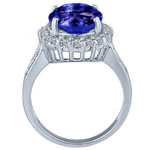 10x14 oval tanzanite big gemstone diamond halo ring 14K white gold