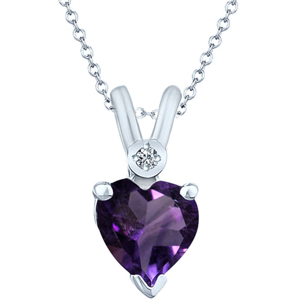Diamond necklace and heart shape natural amethyst in 925 sterling silver