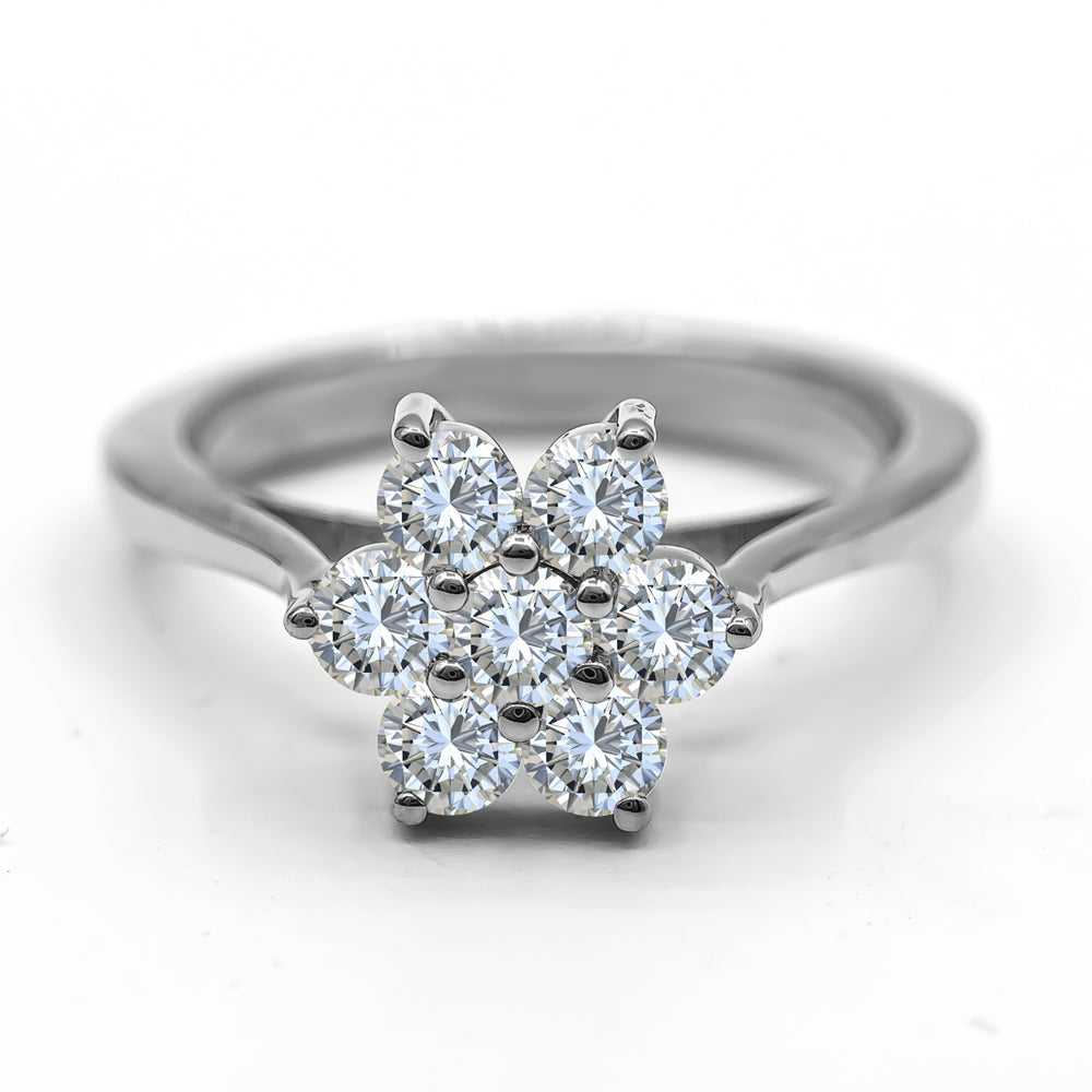 Round cut 7 Stone Diamond Flower Cluster Engagement Ring in 14K White Gold, Best Gift Promise Anniversary Ring for Women