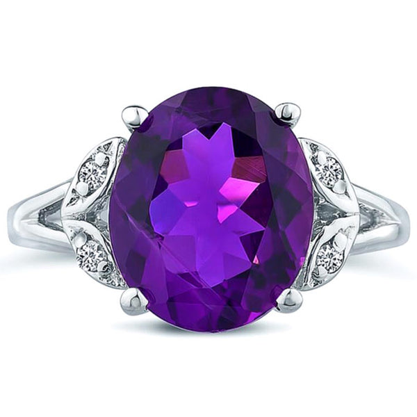 Oval cut amethyst big gemstone engagement wedding ring in 14K white gold