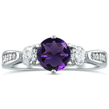 Load image into Gallery viewer, Three Stone Amethyst Gemstone Moissanite Diamond Engagement Ring in 14K White Gold