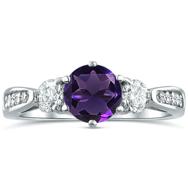 Three Stone Amethyst Gemstone Moissanite Diamond Engagement Ring in 14K White Gold