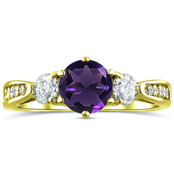 Three Stone Amethyst Gemstone Moissanite Diamond Engagement Ring in 14K Yellow Gold