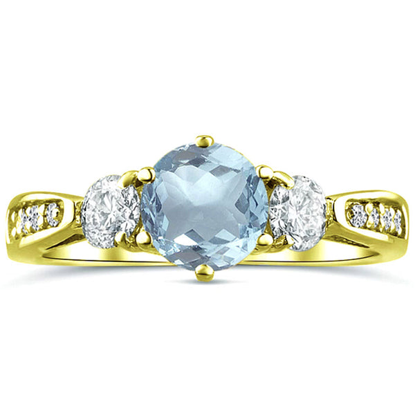 Three Stone Aquamarine Moissanite Diamond Engagement Ring in 14K Yellow Gold