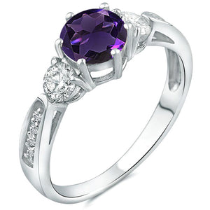 Three Stone Amethyst Gemstone Moissanite Diamond Engagement Ring in 14K White Gold