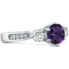 Load image into Gallery viewer, Three Stone Amethyst Gemstone Moissanite Diamond Engagement Ring in 14K White Gold