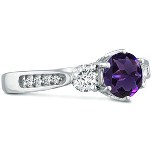 Three Stone Amethyst Gemstone Moissanite Diamond Engagement Ring in 14K White Gold