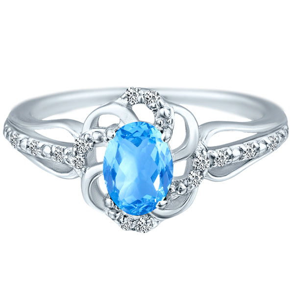 Stylish Oval Cut 7X5mm Blue Topaz Gemstone and Diamond in 14K White Gold Ring for Any Occasion