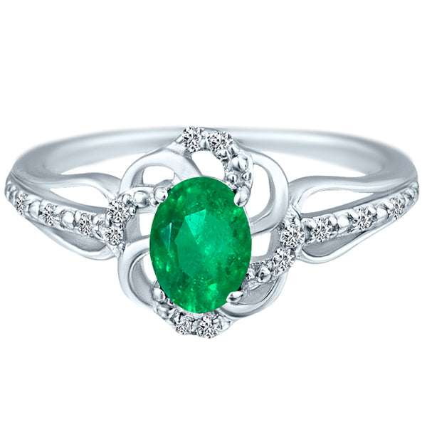 Stylish Oval Cut 7X5mm Emerald Gemstone and Diamond in 14K White Gold Ring for Any Occasion