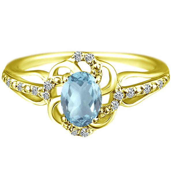 Stylish Oval Cut 7X5mm Aquamarine Gemstone and Diamond in 14K Yellow Gold Ring for Any Occasion