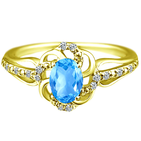 Stylish Oval Cut 7X5mm Blue Topaz Gemstone and Diamond in 14K Yellow Gold Ring for Any Occasion