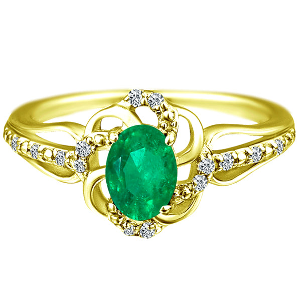 Stylish Oval Cut 7X5mm Emerald Gemstone and Diamond in 14K Yellow Gold Ring for Any Occasion