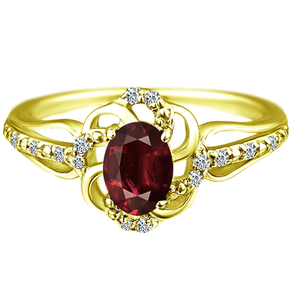 Stylish Oval Cut 7X5mm Garnet Gemstone and Diamond in 14K Yellow Gold Ring for Any Occasion