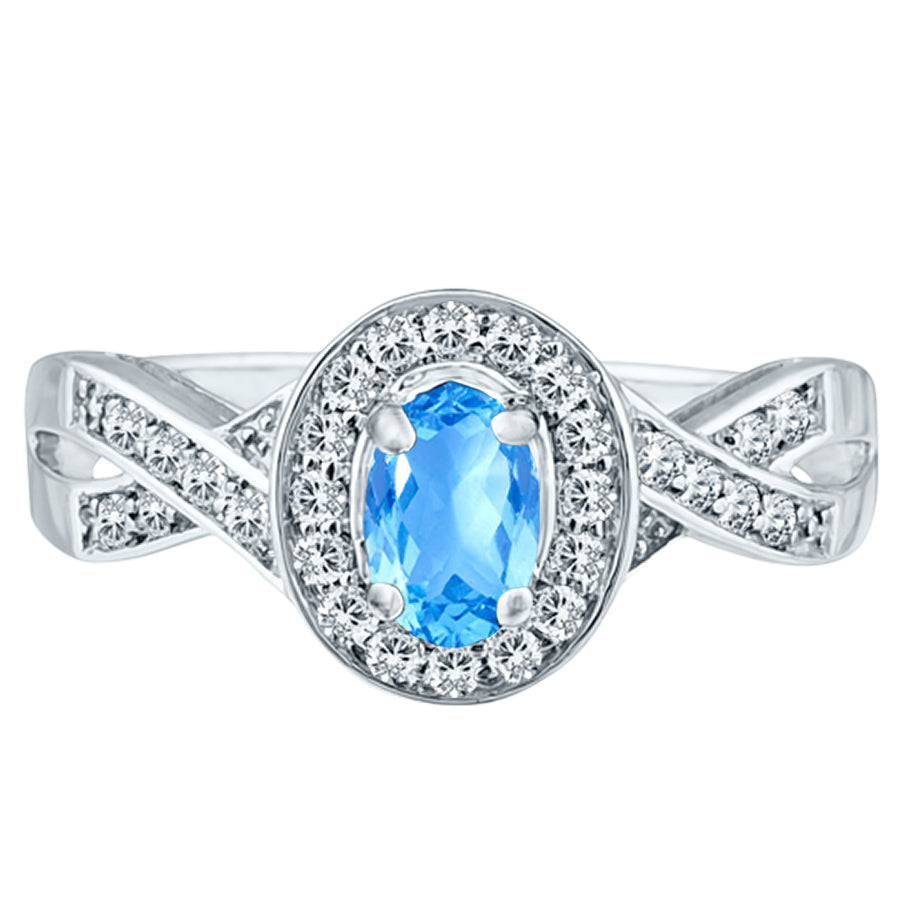 Exquisite Blue Topaz and Diamond Engagement Ring in 14K White Gold