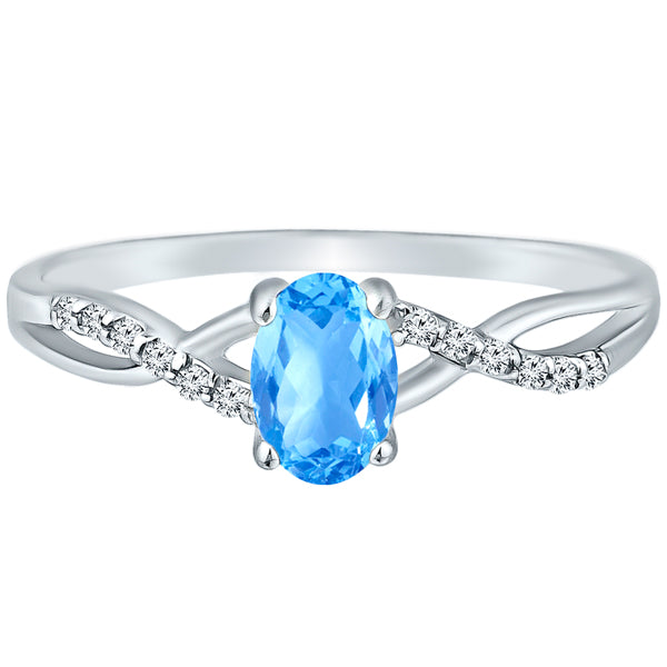 Exquisite Blue Topaz Gemstone and Diamonds Twisted Band Ring in 14K White Gold