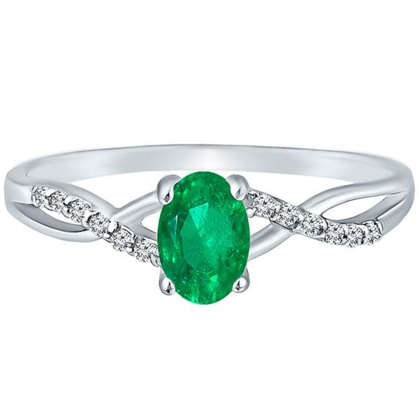 Exquisite Emerald Gemstone and Diamonds Twisted Band Ring in 14K White Gold