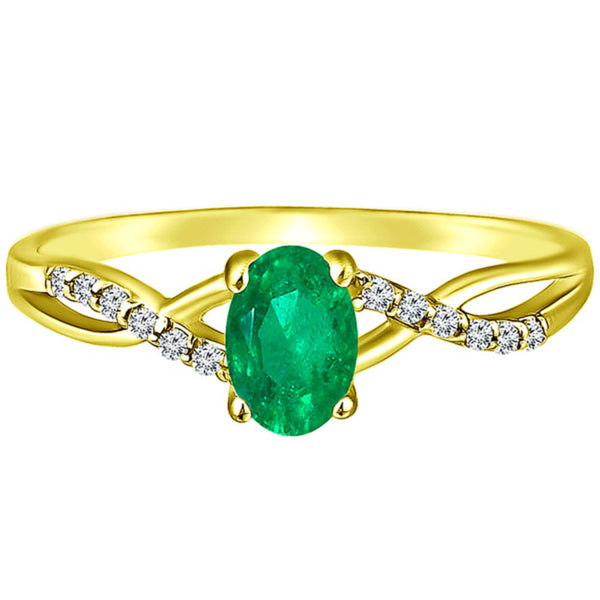 Exquisite Emerald Gemstone and Diamonds Twisted Band Ring in 14K Yellow Gold