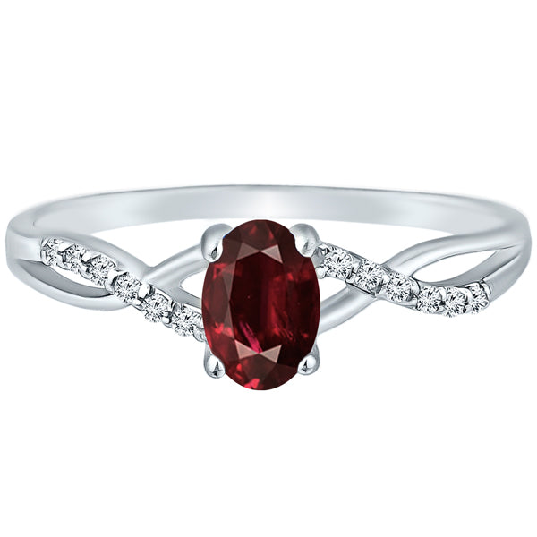 Exquisite Garnet Gemstone and Diamonds Twisted Band Ring in 14K White Gold