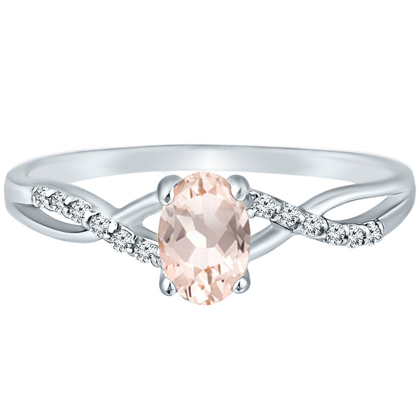 Exquisite Morganite Gemstone and Diamonds Twisted Band Ring in 14K White Gold