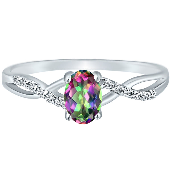 Exquisite Mystic Topaz Gemstone and Diamonds Twisted Band Ring in 14K White Gold