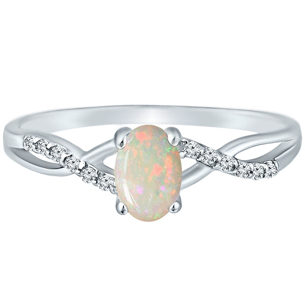 Exquisite Opal Gemstone and Diamonds Twisted Band Ring in 14K White Gold