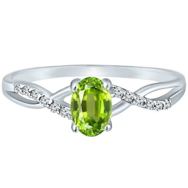 Exquisite Peridot Gemstone and Diamonds Twisted Band Ring in 14K White Gold