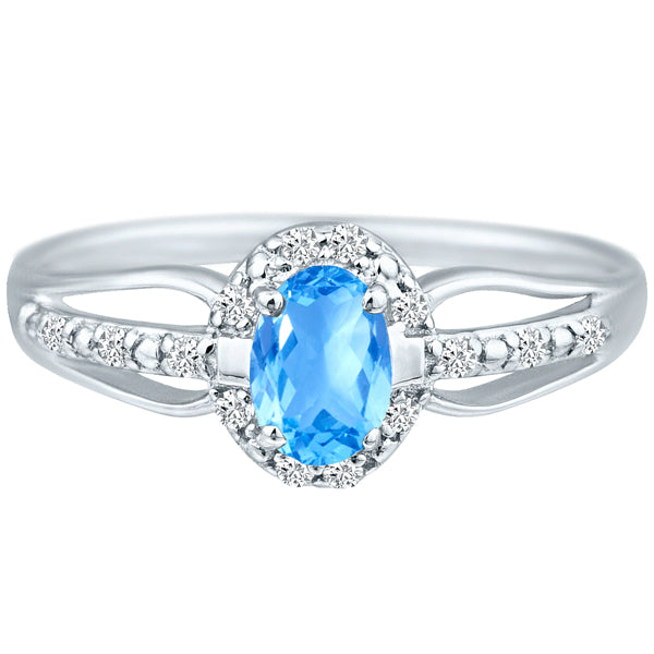 Exquisite Blue Topaz Gemstone and Diamonds Ring in 14K White Gold