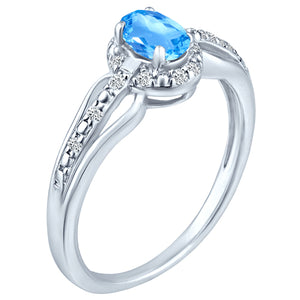 Exquisite Blue Topaz Gemstone and Diamonds Ring in 14K White Gold