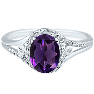 Exquisite 1.10 Carat Natural Amethyst Gemstone Ring with Diamonds in 14K White Gold