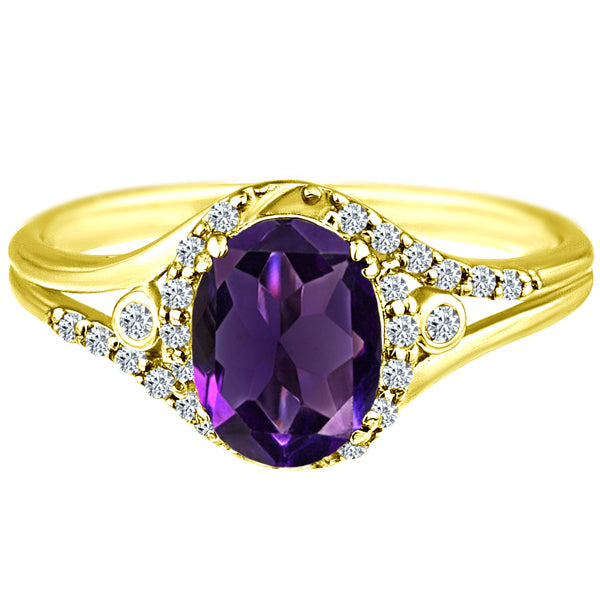 Exquisite 1.10 Carat Natural Amethyst Gemstone Ring with Diamonds in 14K Yellow Gold