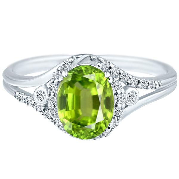 Exquisite 1.50 Carat Peridot Gemstone Ring with Diamonds in 14K White Gold