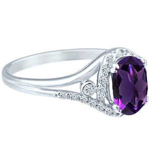 Exquisite 1.10 Carat Natural Amethyst Gemstone Ring with Diamonds in 14K White Gold