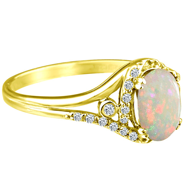 Exquisite 1.20 Carat Opal Gemstone Ring with Diamonds in 14K Yellow Gold