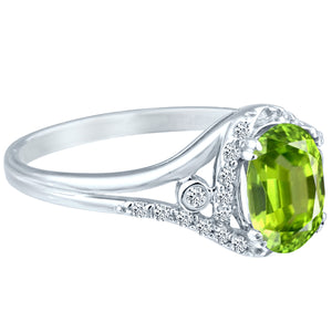 Exquisite 1.50 Carat Peridot Gemstone Ring with Diamonds in 14K White Gold