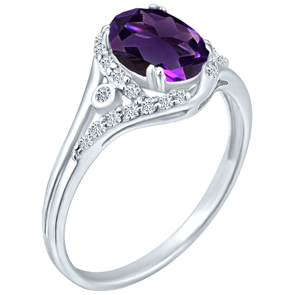 Exquisite 1.10 Carat Natural Amethyst Gemstone Ring with Diamonds in 14K White Gold