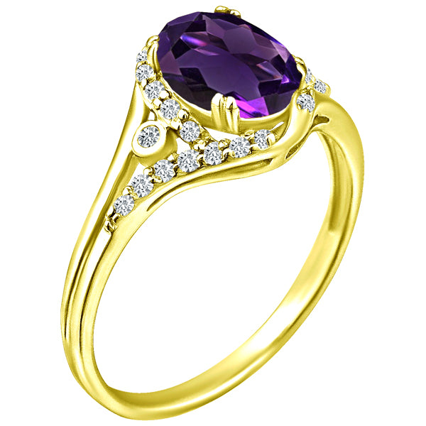 Exquisite 1.10 Carat Natural Amethyst Gemstone Ring with Diamonds in 14K Yellow Gold