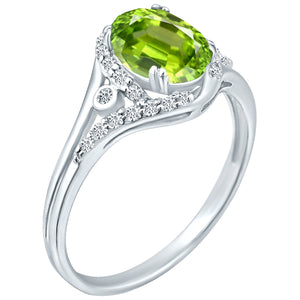 Exquisite 1.50 Carat Peridot Gemstone Ring with Diamonds in 14K White Gold